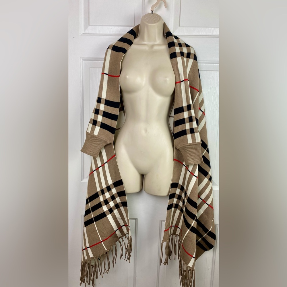 Chalet K&K Plaid Wrap With Sleeves Taupe Cream Black Red Nwot 88"H x 34"W OSFM - Picture 2 of 4